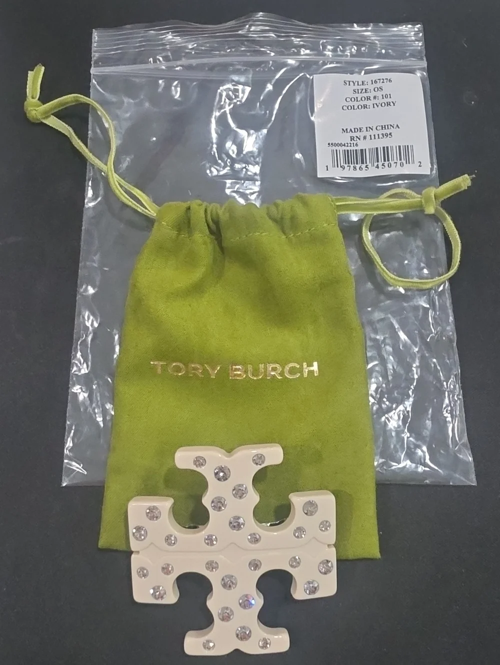 NWT Tory Burch Ivory Enamel & Crystal Double T Hair Clip + Pouch